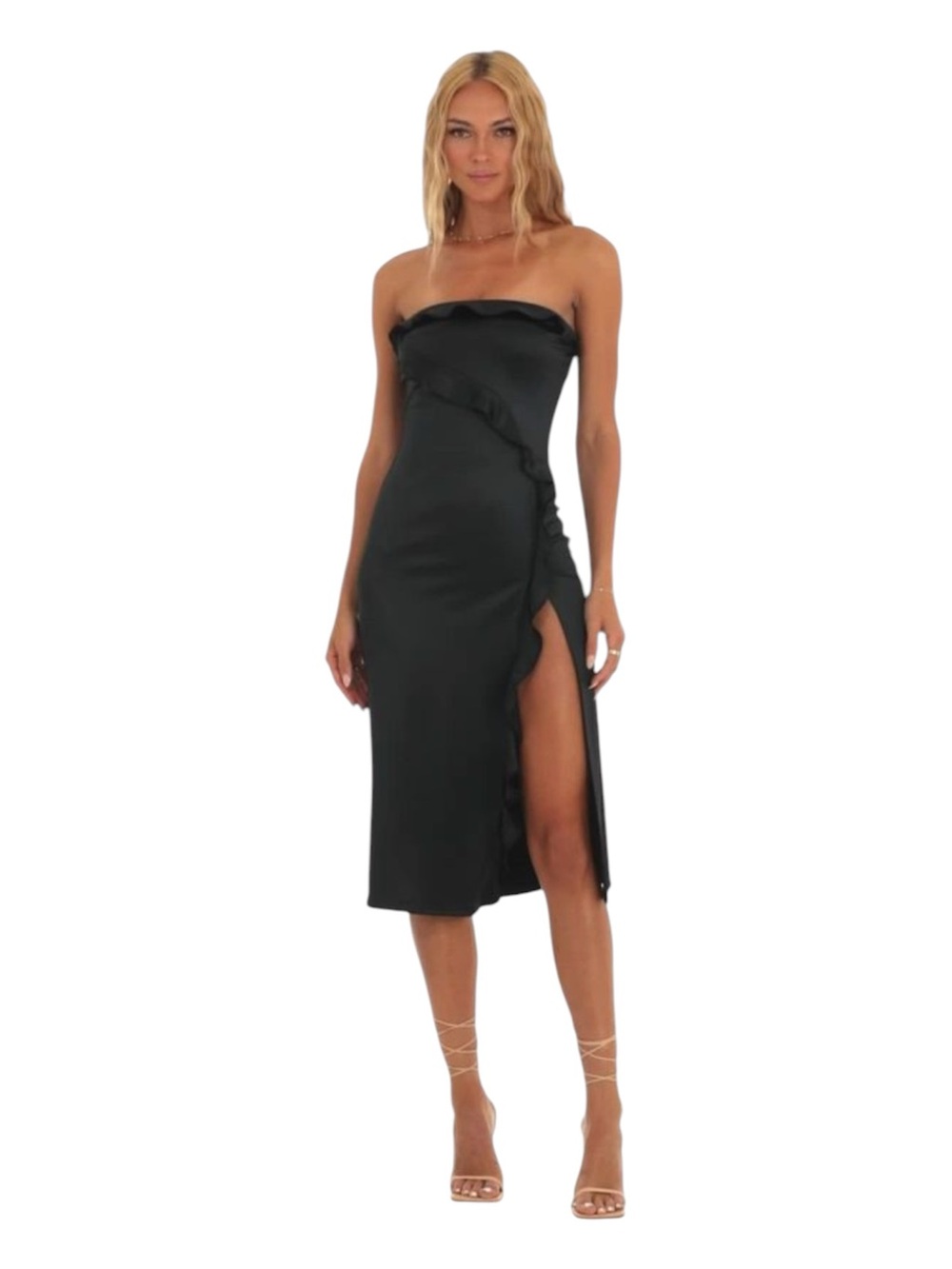 Lucy in the sky Black satin Sleeveless Annabel Midi Dress Size Medium